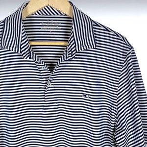 Vineyard Vines Performance Mens Polo Shirt L Whale Logo Striped Blue White Golf